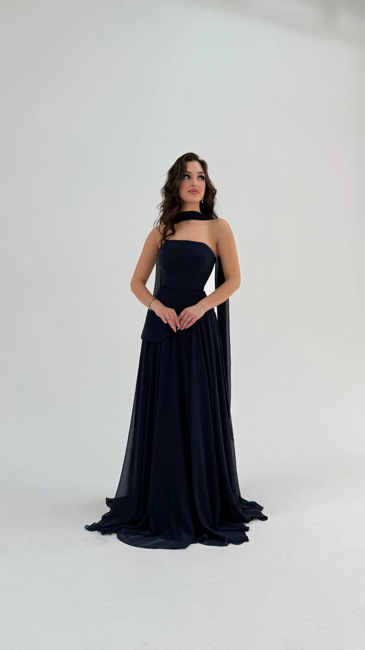 Luna Chiffon Evening with Scarf Navy Blue Dress