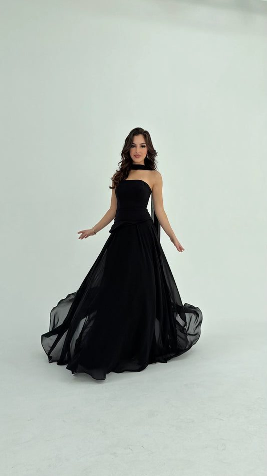 Luna Chiffon Evening with Scarf Black Dress