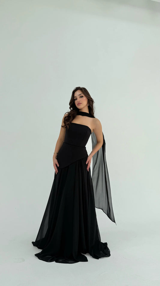 Luna Chiffon Evening with Scarf Black Dress