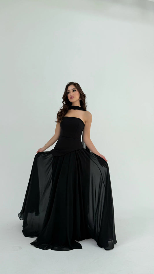 Luna Chiffon Evening with Scarf Black Dress