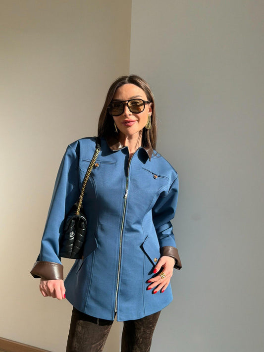 Blue Zip-Up with Leather Details Jacket