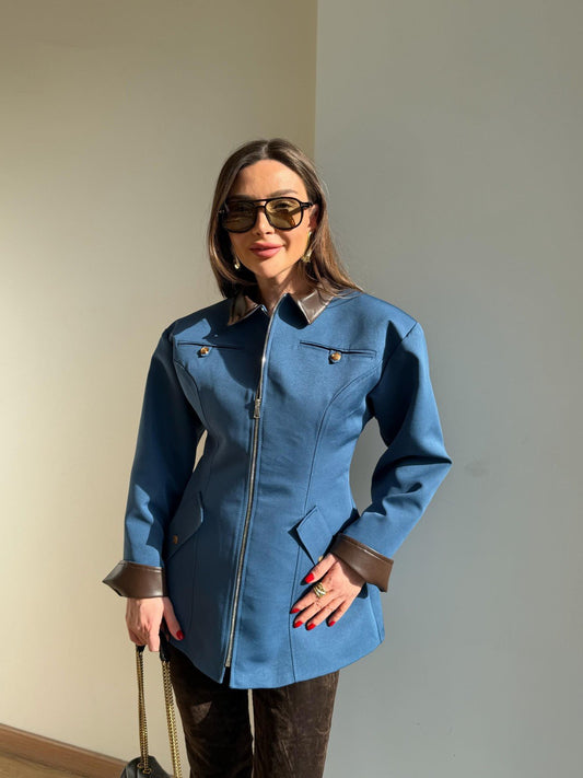 Blue Zip-Up with Leather Details Jacket