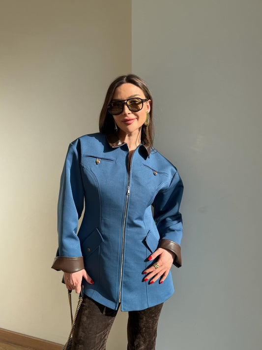 Blue Zip-Up with Leather Details Jacket