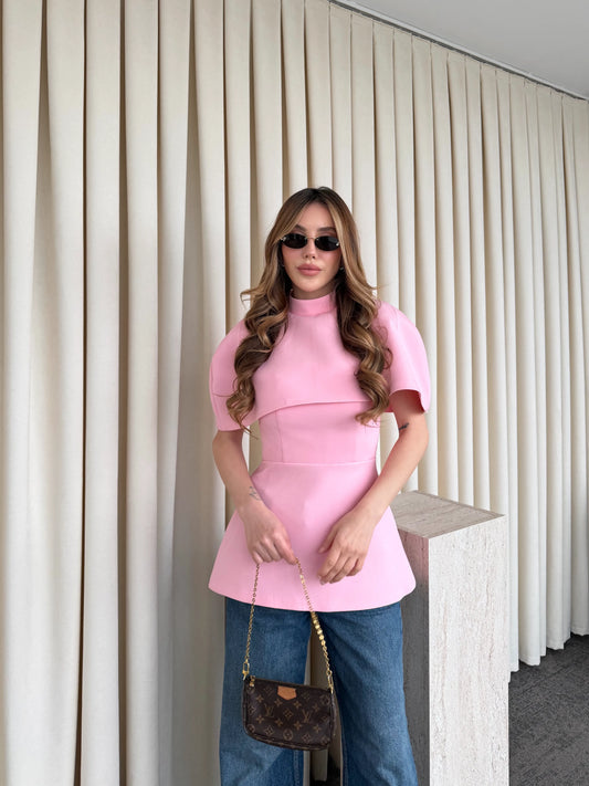 Pink Blouse With Cape Detail On The Collar