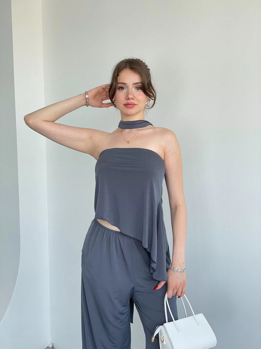 ASYMMETRIC CUT DAMSON SCARF SET