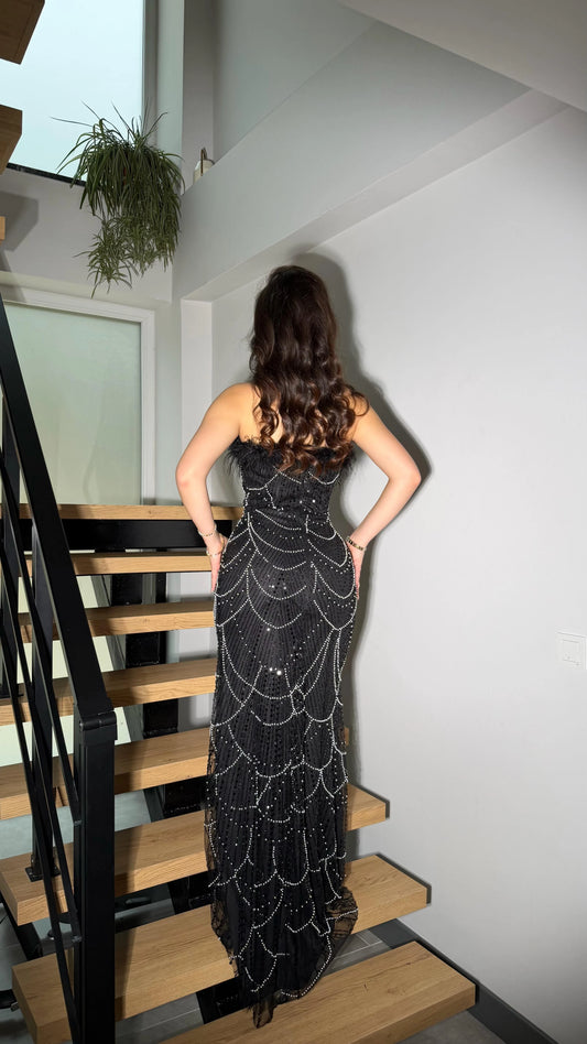 Nisan Black Stone Embellished Feather Evening Dress
