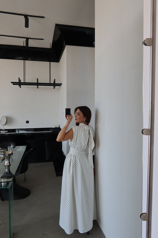 White Padded Waist-Fitted Polka Dot Dress