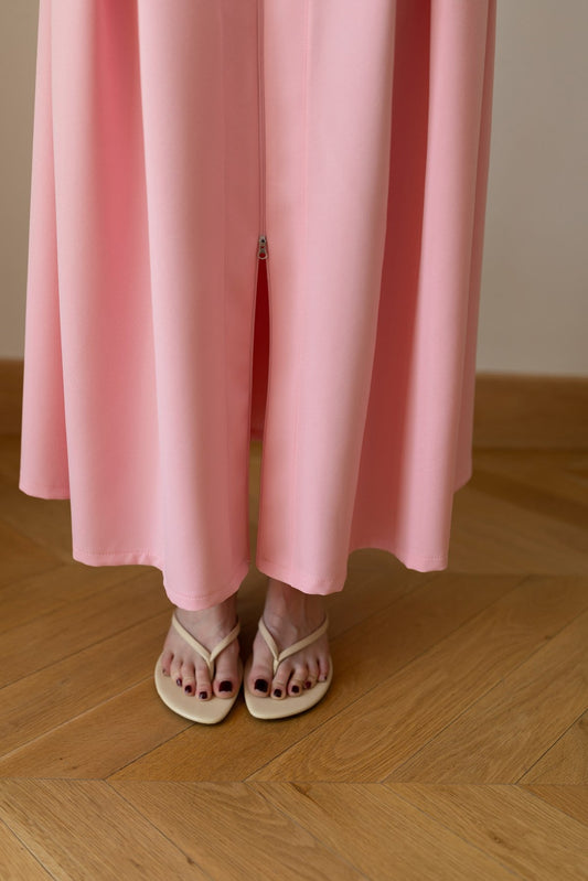 Pink Polo Collar Front Zip Pleated Dress