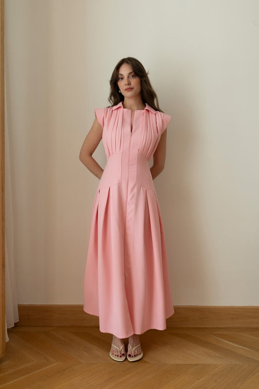 Pink Polo Collar Front Zip Pleated Dress