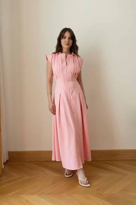 Pink Polo Collar Front Zip Pleated Dress