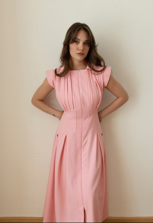Pink Polo Collar Front Zip Pleated Dress