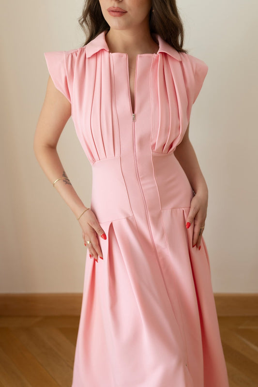 Pink Polo Collar Front Zip Pleated Dress