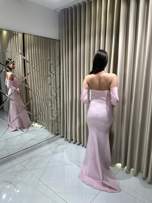 Alya Satin Powder Pink Sleeve Evening Dress