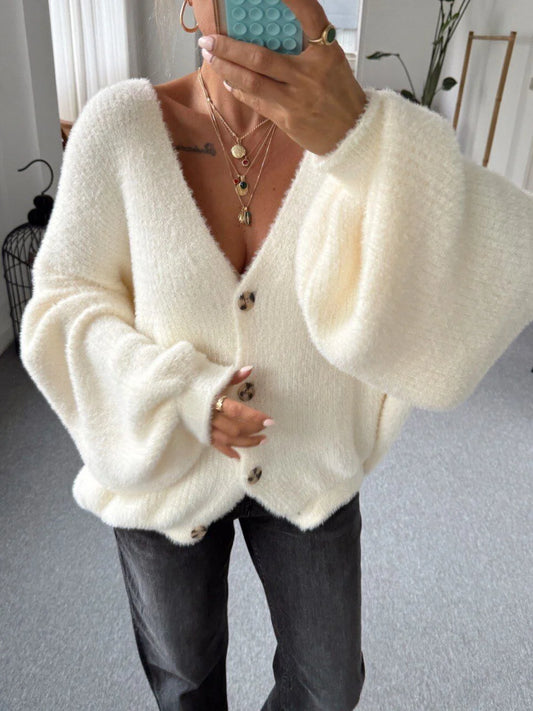 ECRU SOFT TEXTURED V-NECK CARDIGAN
