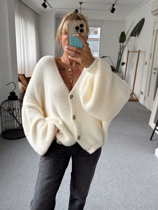 ECRU SOFT TEXTURED V-NECK CARDIGAN