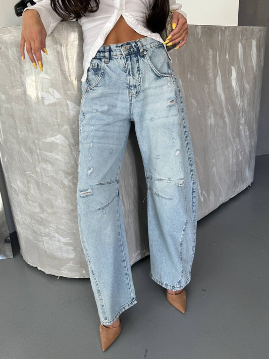 HerTon Baby Blue Wide Leg Ripped Denim Pants