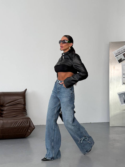 Wide-Leg Denim with Bottom Bow Detail Jeans