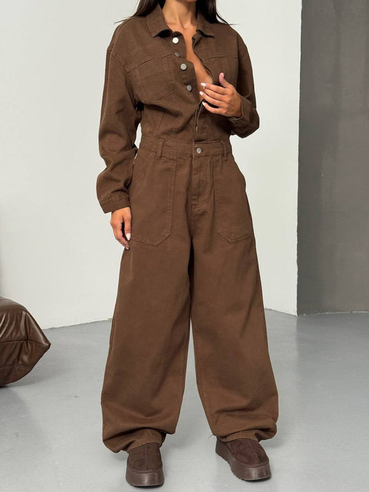 Pocket Detailed Brown Denim Premium Jumpsuit