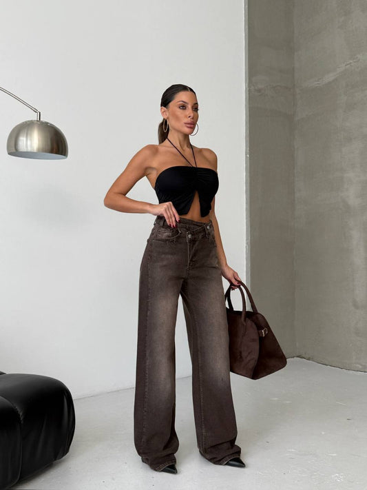 Brown Palazzo Loose Leg Jeans