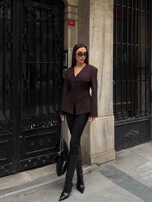 Lace Detail and V-Neck Design Blazer