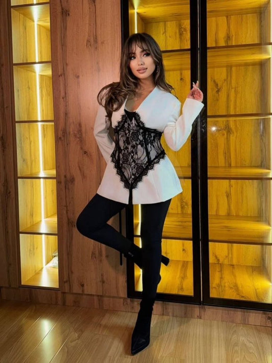 Lace Detail and V-Neck Design Blazer