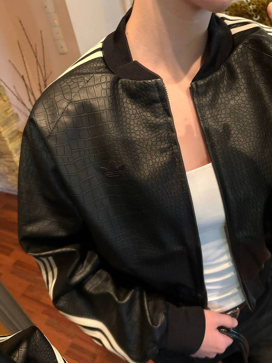 Croc-Effect Cropped Bomber Jacket