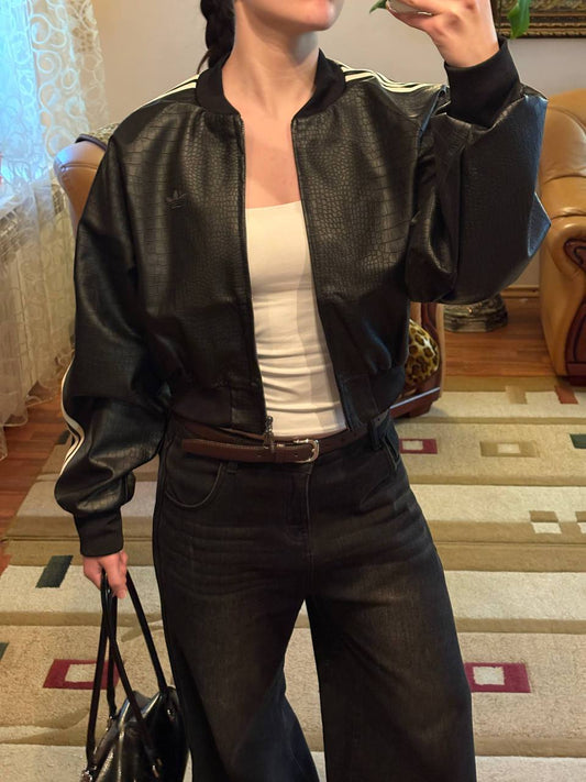 Croc-Effect Cropped Bomber Jacket