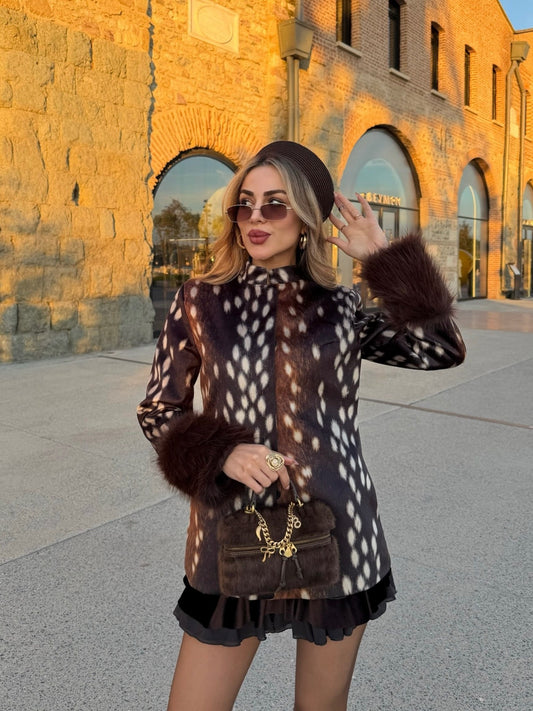 Deer Print Faux Fur Cuff Jacket