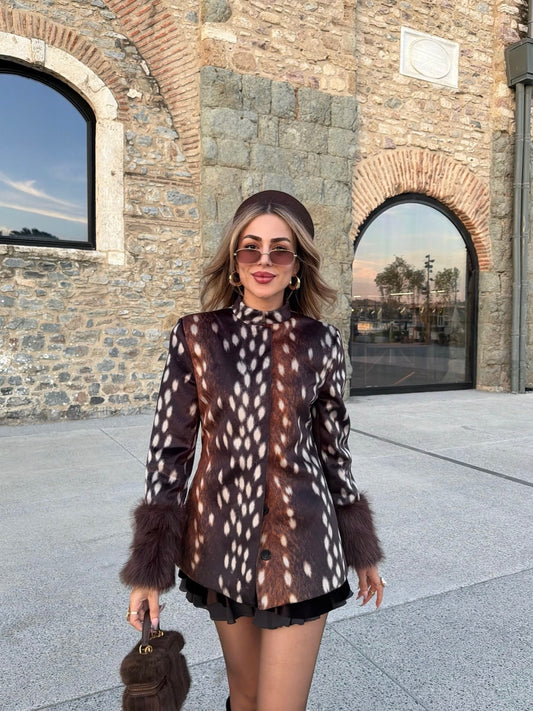 Deer Print Faux Fur Cuff Jacket