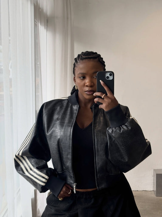 Croc-Effect Cropped Bomber Jacket