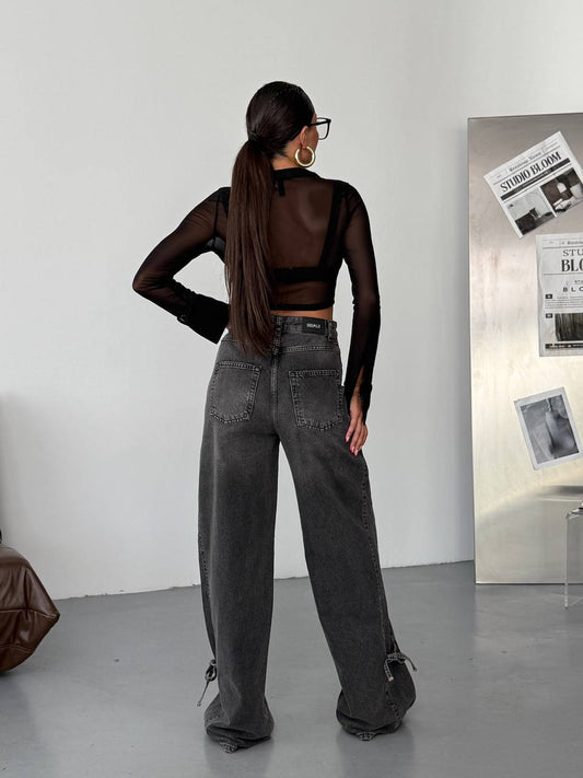 Wide-Leg Denim with Bottom Bow Detail Jeans