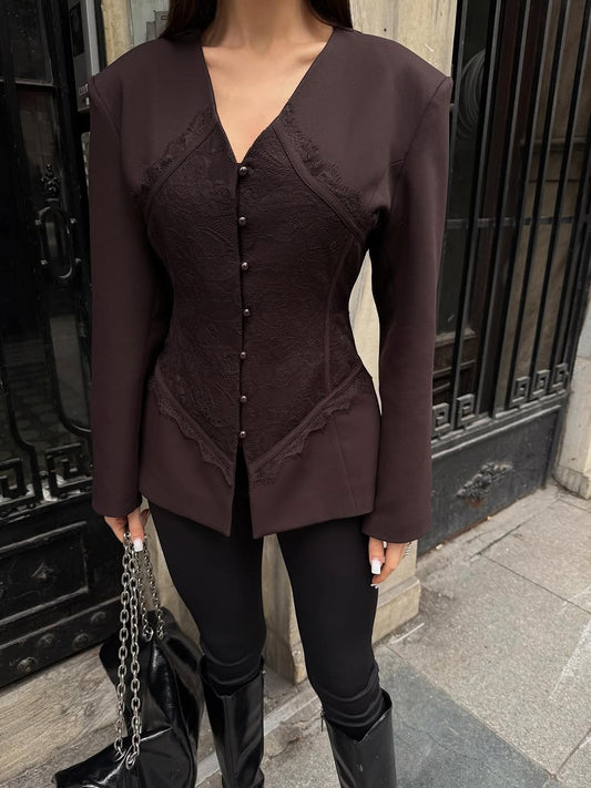 Lace Detail and V-Neck Design Blazer
