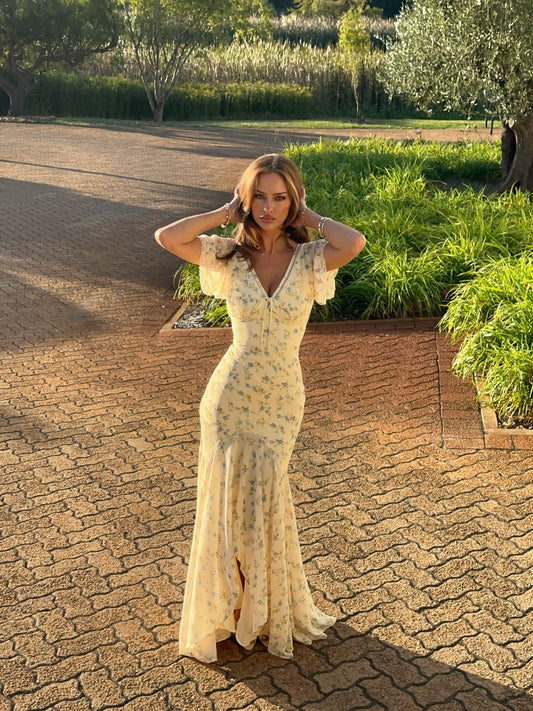 Casual Dresses Yellow Floral V Neck Mermaid Maxi Dress