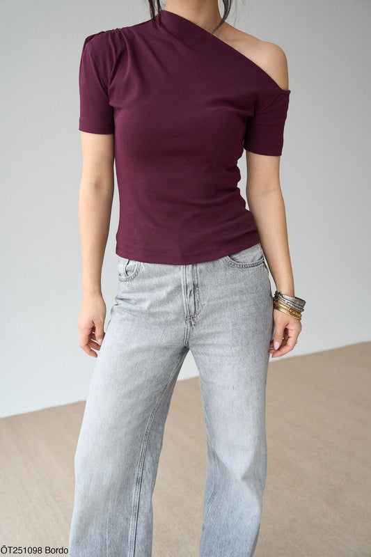 One Shoulder Detail Short Sleeve Blouse