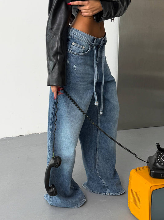 Avery Drawstring Wide-Leg Jeans