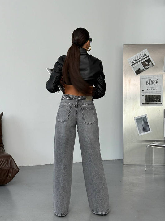 Wide-Leg Washed Jeans with Scarf Jeans