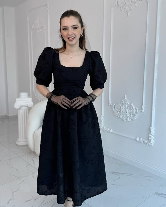 Black Balloon Sleeve Embroidered Dress