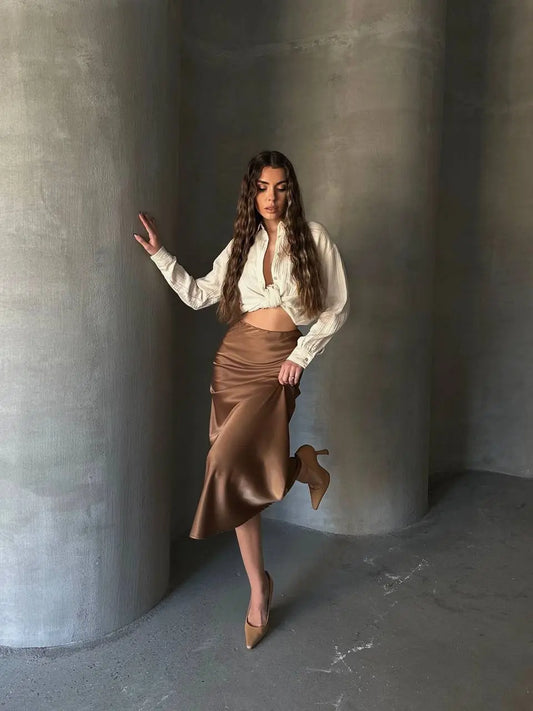 Brown Midi Length Satin Skirt