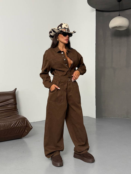 Pocket Detailed Brown Denim Premium Jumpsuit