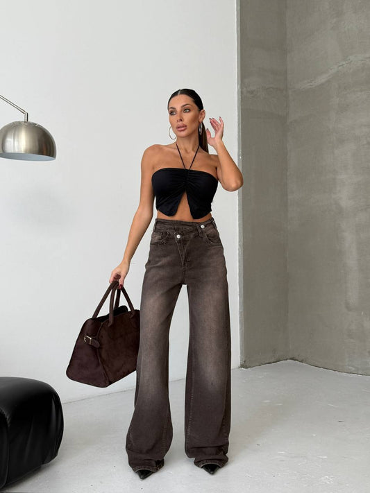 Brown Palazzo Loose Leg Jeans