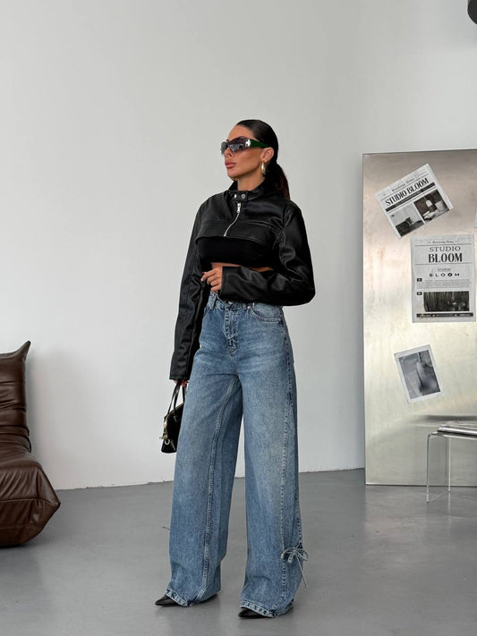 Wide-Leg Denim with Bottom Bow Detail Jeans