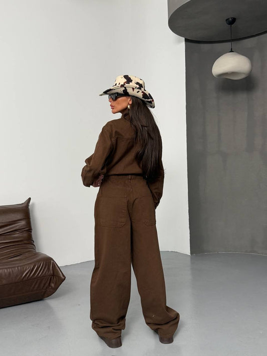 Pocket Detailed Brown Denim Premium Jumpsuit
