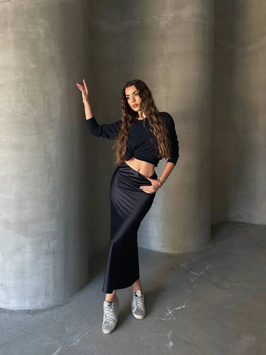 Navy Midi Length Satin Skirt