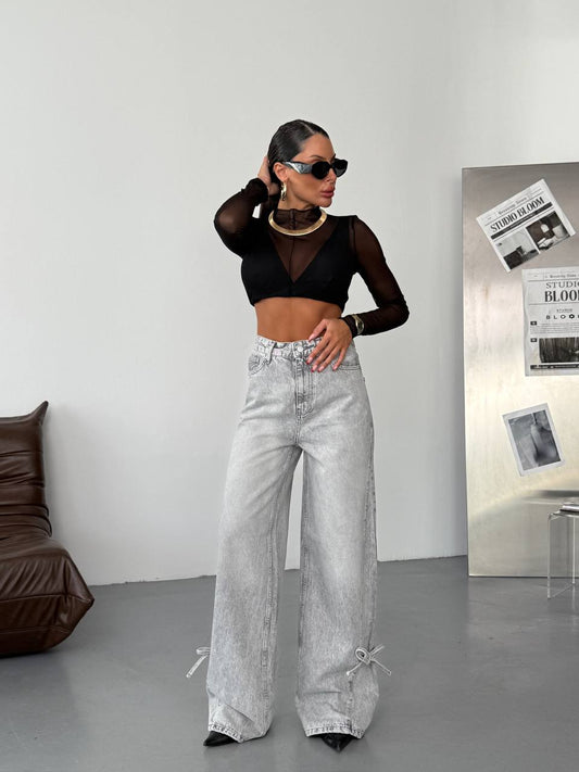 Wide-Leg Denim with Bottom Bow Detail Jeans