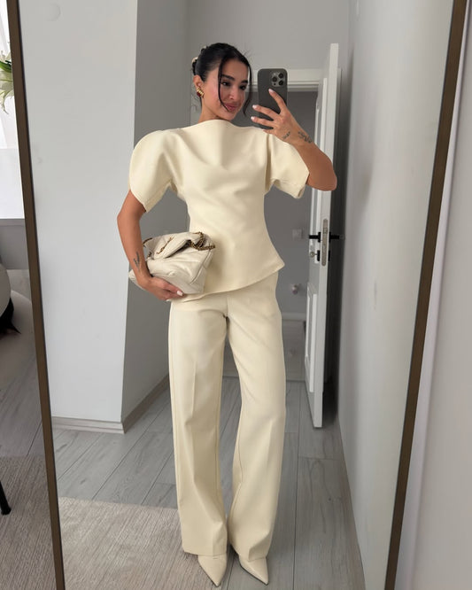 Beige Asymmetrical Waist-Fitted Set