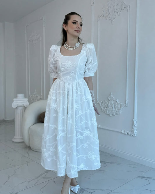 White Balloon Sleeve Embroidered Dress