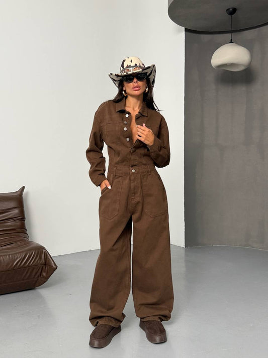 Pocket Detailed Brown Denim Premium Jumpsuit