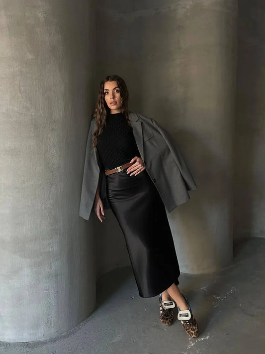 Black Midi Length Satin Skirt