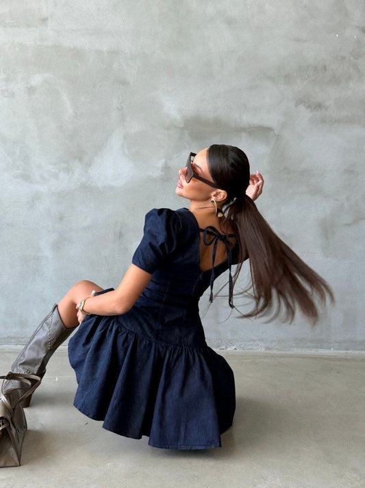 Midi Denim Dress with Balloon Sleeves Jeans Dress