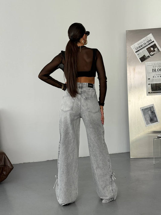 Wide-Leg Denim with Bottom Bow Detail Jeans